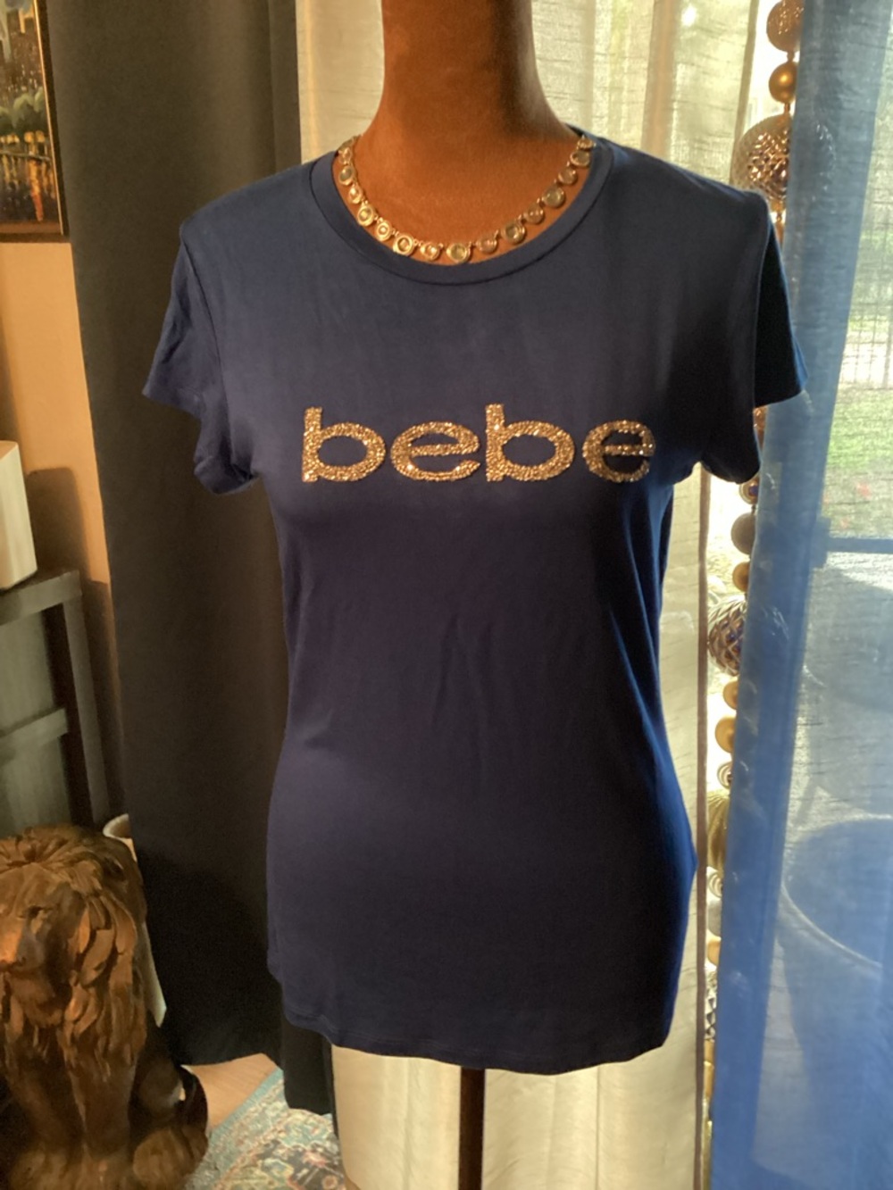 bebe Navy Short Sleeve Tee with Crystal Logo